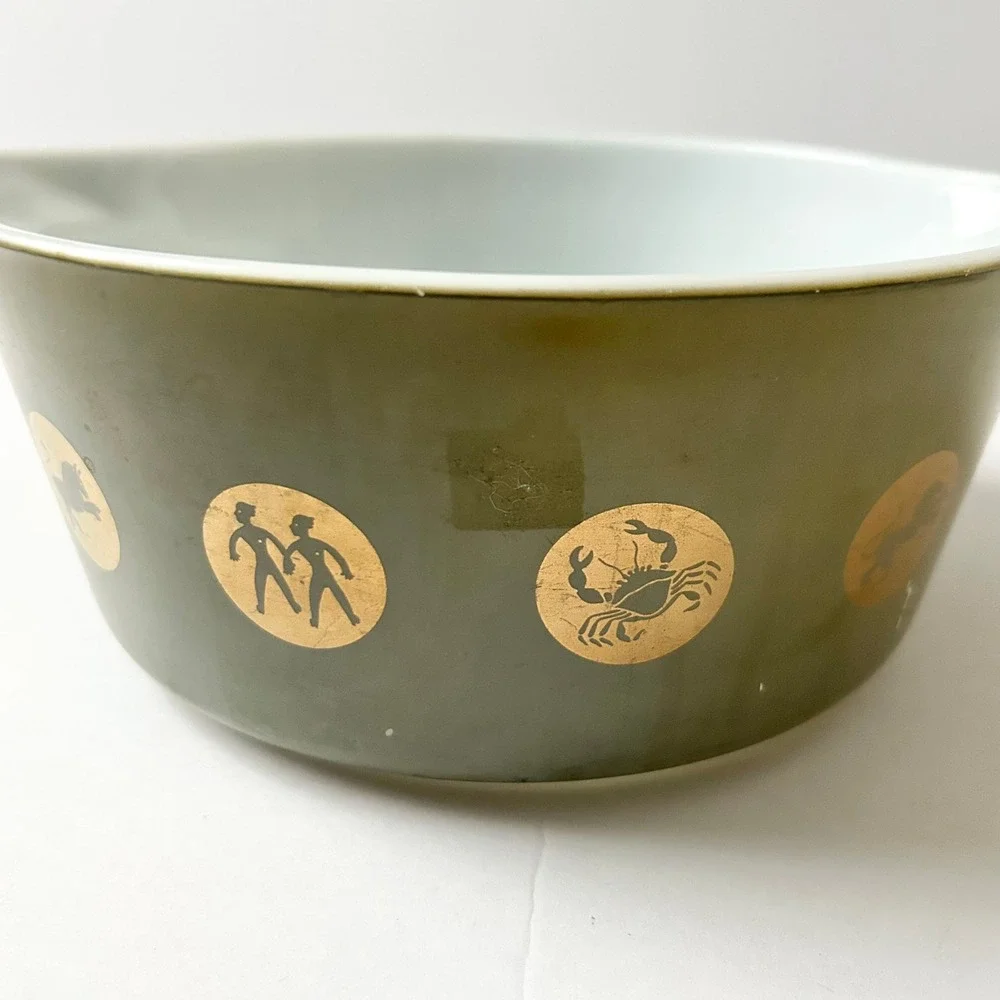 Vintage Pyrex Zodiac Casserole Dish 473 Olive Green Gold 1960s MCM with Lid